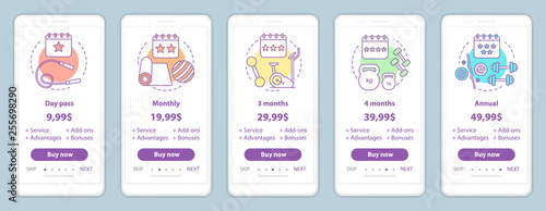 Fitness subscription onboarding mobile app screens prices