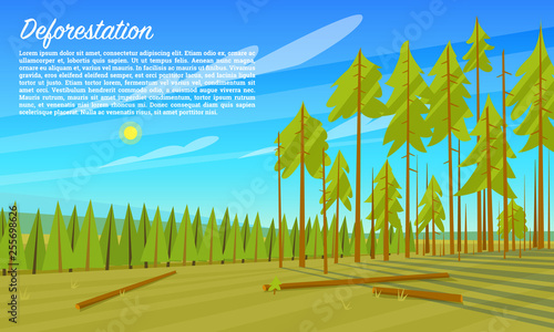 Deforestation concept. Cutting down trees. Environmental pollution and Ecological problems. Destruction of animals and harm to nature. Poster or banner for web site