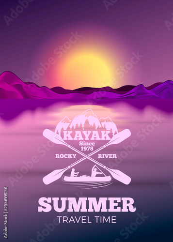 Vector poster design template in 80s retro style, with kayak camping label over the river and mountains. Summer time journey concept.