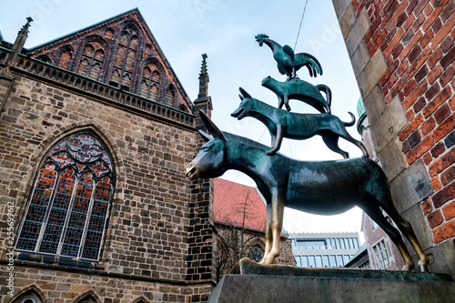 A bronze statue depicting the Bremen Town Musicians in Bremen, Germany. March 2019