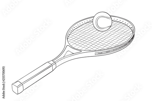 Tennis racket with a ball. Hand drawn sketch