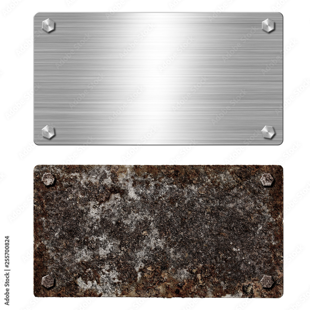 Shiny brushed metal aluminum or steel signboard. Rusty steel plate with