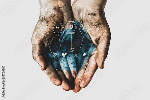 Hands of a child with dirty water. Epidemic, viruses, bacteria in water, diseases of dirty hands. Problems of environmental pollution ecology photo