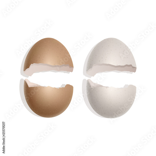 Set of Broken eggs, cracked open easter eggshell design, 3d realistic icons set isolated on white background, vector illustration