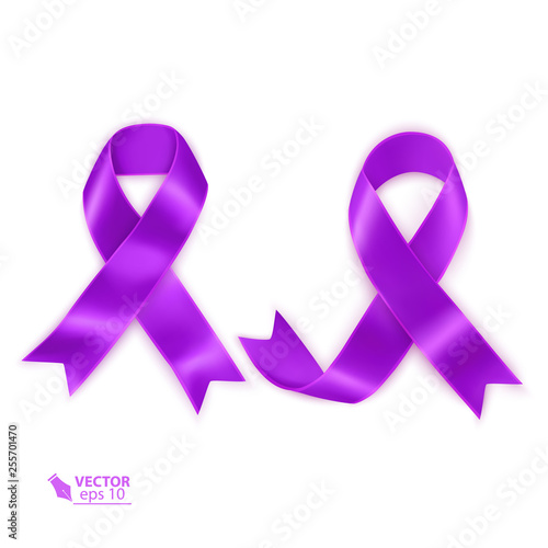 Set of Purple awareness ribbons for general cancer awareness, Lupus awareness, drug overdose, domestic violence, Alzheimer disease and Hodgkin disease symbol, realistic Vector illustration
