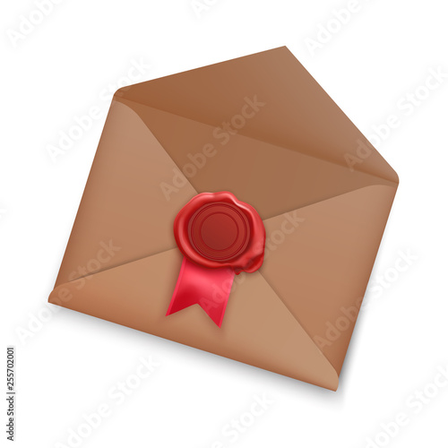 Realistic Old postage envelope with red seal wax isolated on white background. opened envelope with seal, vector illustration
