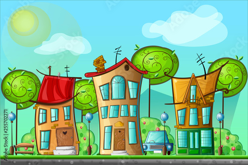illustration of landscape cartoon village with bright houses and trees . Vector illustration for design background. Panorama.