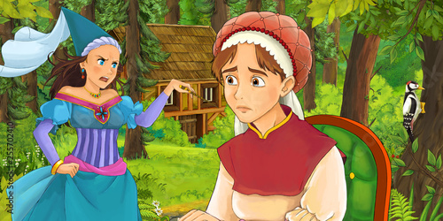 cartoon scene with happy young girl in the forest encountering sorceress hidden wooden house - illustration for children