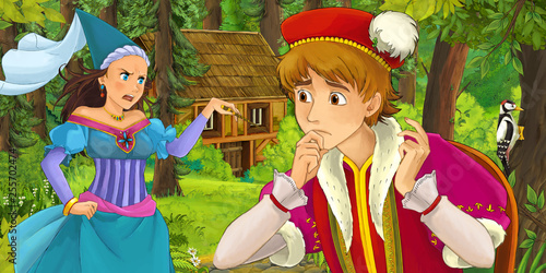 cartoon scene with young prince traveling and encountering princess sorceress and hidden wooden house in the forest - illustration for children