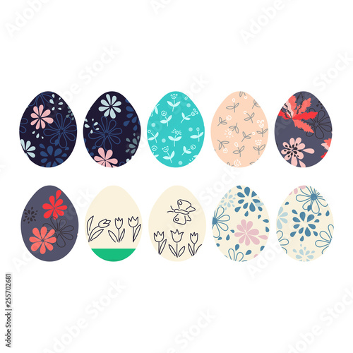 10 Easter eggs icons. Eggs painted with flowers. Vector illustration.