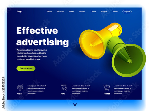 Website providing the service of effective advertising. Concept of a landing page for effective advertising. Vector website template with 3d isometric illustration of a megaphones. Web design site