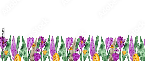 Watercolor illustration of Easter elements. Hand drawn. Flowers, eggs, leabes, bunnies and other elements. Flower border