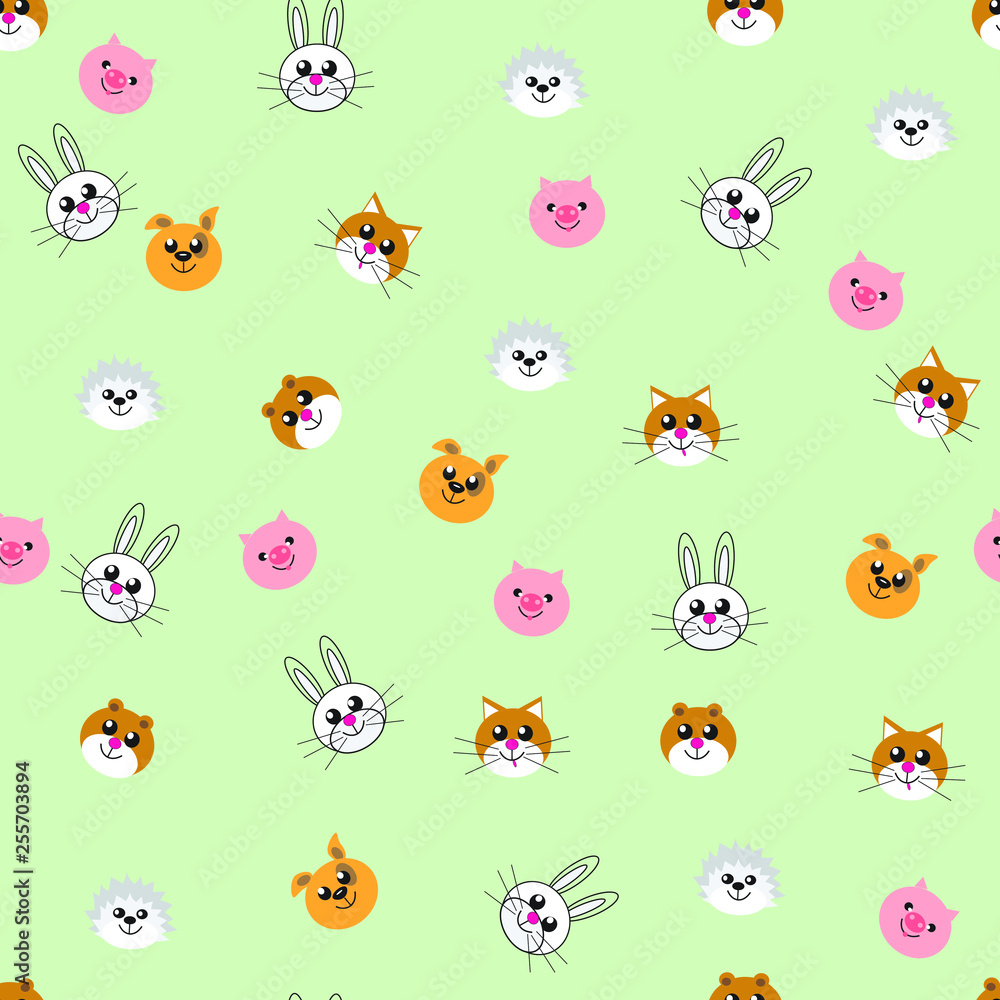 Seamless pattern of funny toy animals ' heads, bear, dog, hedgehog, pig, hare, cat for printing, baby fabrics, covers Seamless pattern of funny toy animals ' heads, bear, dog, hedgehog, pig, hare, cat for printing, baby fabrics, covers