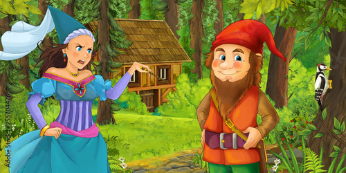 cartoon scene with happy dwarf traveling and encountering princess sorceress and hidden wooden house in the forest - illustration for children