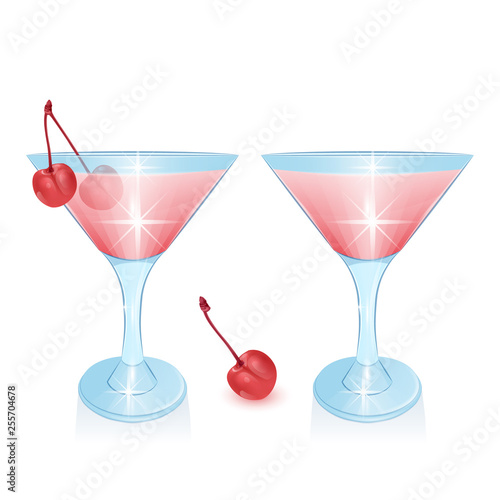 The Alcoholic cocktails isolated on white background. Holidays club party summer cocktails with cherry, cocktail glasses. Design elements