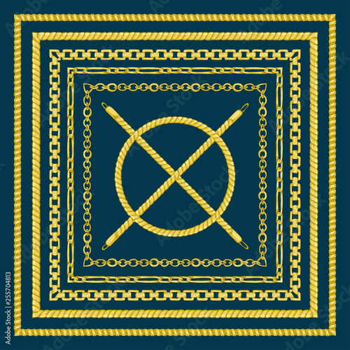 Border pattern with retro hand-drawn sketch golden chain on dark background. Drawing engraving texture. Great design for fashion, textile, decorative frame, yacht style card.
