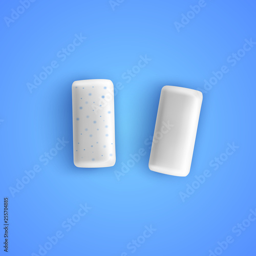 Pads of bubble gum with mint flavour. Chewing gums for healthy teeth and dental hygiene. Refreshing sweet candy, isolated on blue background. Vector illustration