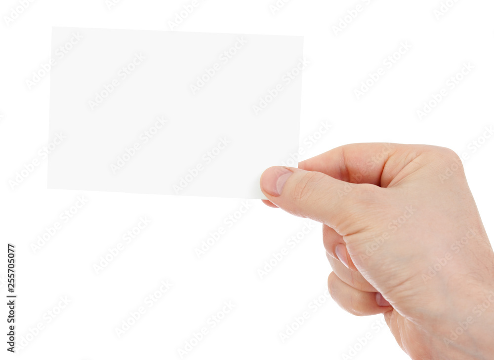 hand holding blank paper card isolated with two clipping paths included - one with hand and the second with card. hand holding blank paper card isolated with two clipping paths included - one with hand and the second with card.