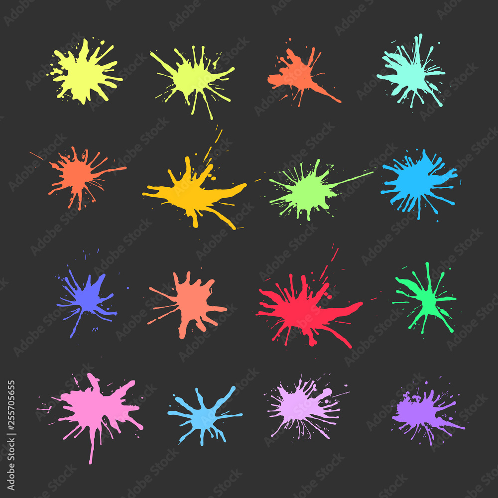 Colorful ink paint spots. Drops texture isolated on dark background. Set for grunge splash textures. Vector illustration Colorful ink paint spots. Drops texture isolated on dark background. Set for grunge splash textures. Vector illustration