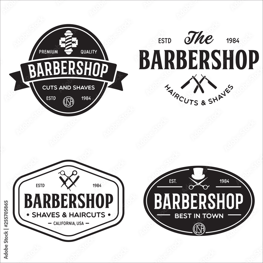 Fototapeta premium Set of vintage barbershop labels. Templates for the design of logos and emblems. Collection of barbershop - symbols razor, pole, scissors.