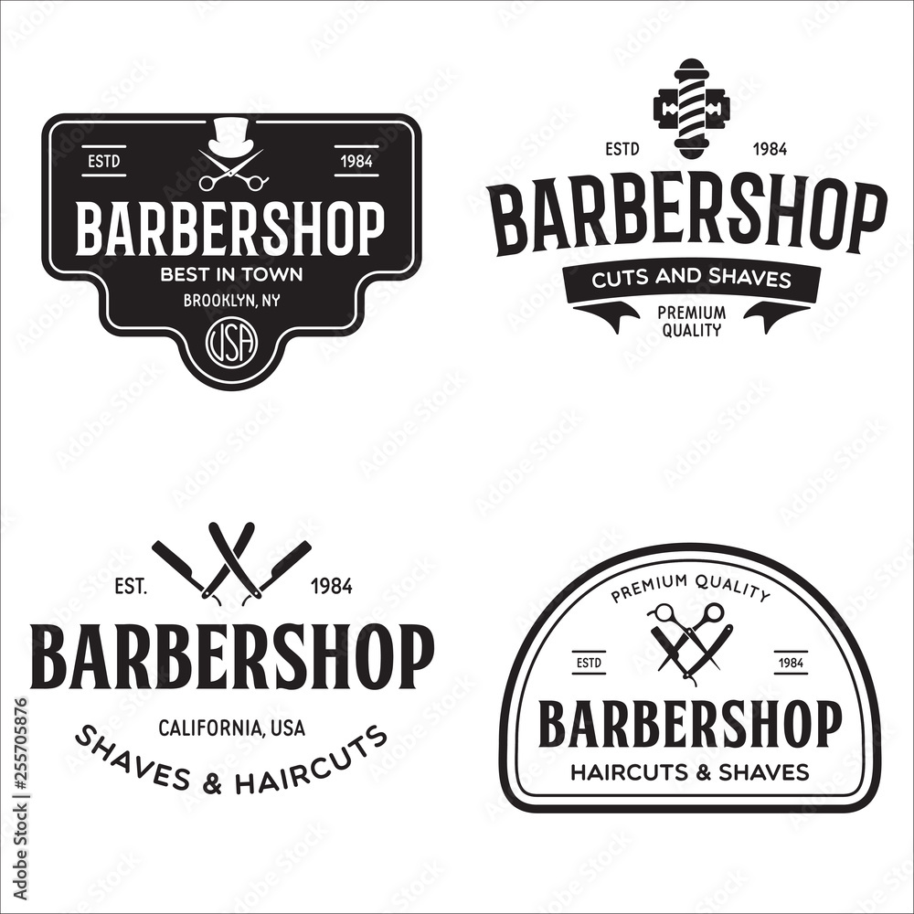 Fototapeta premium Set of vintage barbershop labels. Templates for the design of logos and emblems. Collection of barbershop - symbols razor, pole, scissors.