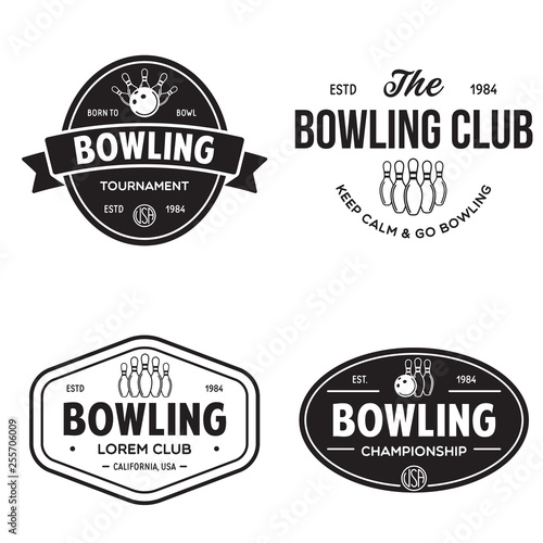 Set of vector vintage monochrome style bowling logo, icons and symbol. Bowling ball and bowling pins silhouettes. Trendy design elements.
