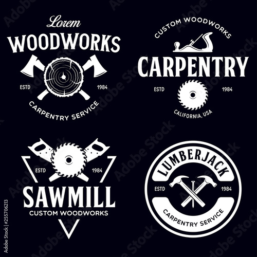 Woodwork badges. Set of carpentry, woodworkers, lumberjack, sawmill service monochrome vector labels, emblems and logos.
