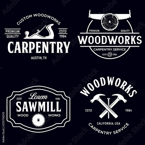 Woodwork badges. Set of carpentry, woodworkers, lumberjack, sawmill service monochrome vector labels, emblems and logos.