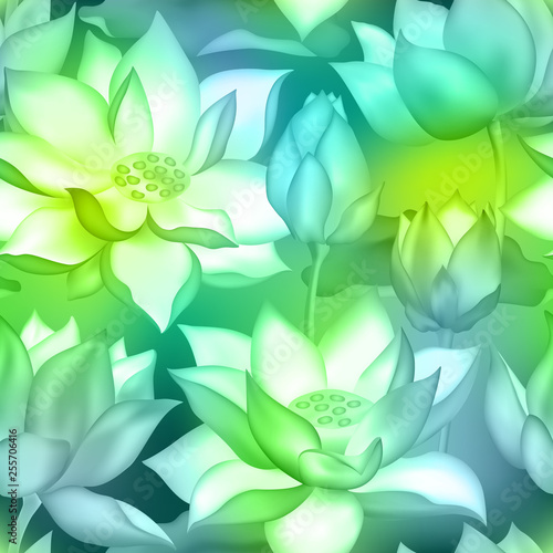 Lotus buds and flowers seamless background., Water lilly nelumbo aquatic plant botanical design.