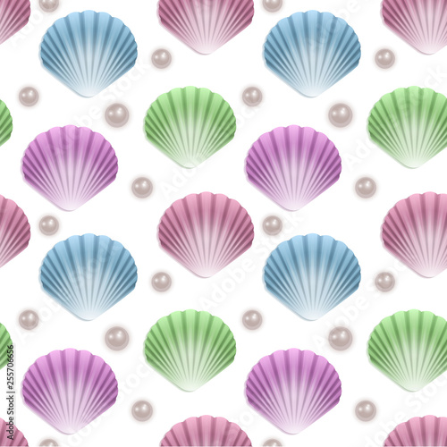 Seamless Endless Pattern with Print of colorful shells and pearls on white background. Can be used in food industry for wallpapers, posters, wrapping paper, wedding cards.