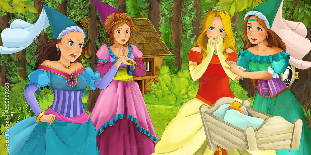 Naklejka premium cartoon scene with happy young girl in the forest encountering sorceress hidden wooden house - illustration for children