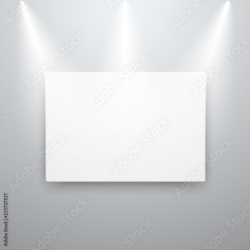 Canvas display mockup on empty wall with spot lights. vector illustration