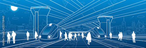 Railway station under the overpass. Passengers board the train. Urban life scene. City Transport infrastructure. Vector design outline illustration 