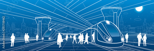 Railway station under the overpass. Passengers board the train. Urban life scene. City Transport infrastructure. Vector design outline illustration 