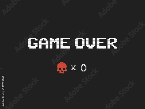 Game over text and red skull vector illustration. Retro video game design element on dark background