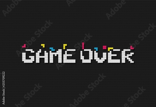 Game over vector illustration. Retro video game design element on dark background. 8 bit style