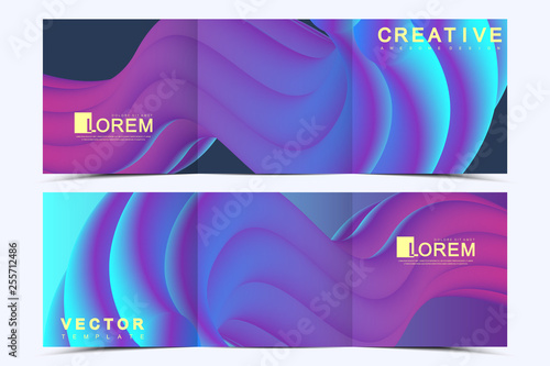 Modern vector template for trifold square brochure, flyer, cover, report, catalog, magazine. Abstract fluid 3d shapes vector trendy liquid colors backgrounds. Colored fluid graphic composition