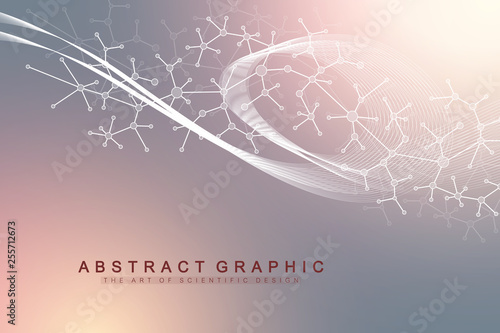 Scientific vector illustration genetic engineering and gene manipulation concept. DNA helix, DNA strand, molecule or atom, neurons. Abstract structure for Science or medical background. Wave flow