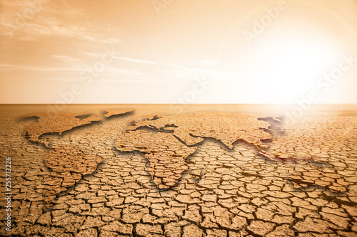 World map in the desert. Global warming and climate change concept