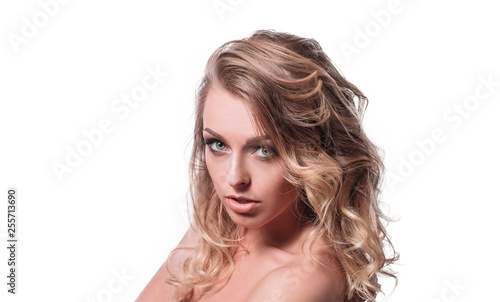 Portrait of beautiful young woman with day makeup on white background.