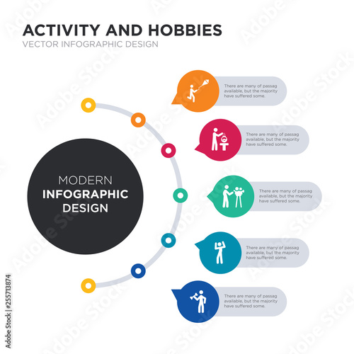 modern business infographic illustration design contains exercising, failure, film making, fish bowl, flying a kite simple vector icons. set of 5 isolated filled icons. editable sign and symbols