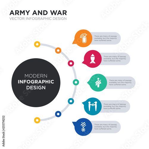 modern business infographic illustration design contains condecoration, conscription, dead, depth charge, dog tag simple vector icons. set of 5 isolated filled icons. editable sign and symbols