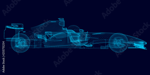 Wireframe of a polygonal racing car of blue lines on a dark background. 3D. Side view. Vector illustration