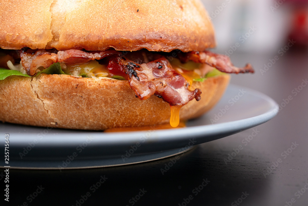 Tasty sandwich with caramelized bacon and runny yolk Tasty sandwich with caramelized bacon and runny yolk