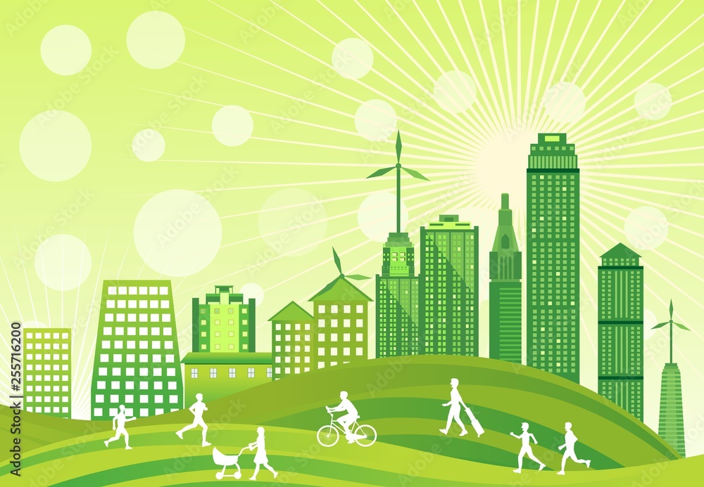 Eco city scene, green world, green technologies theme