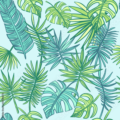 Tropical leafs background. Turquoise and green tropical leaves. Fashion  wrapping  interior  packaging suitable. hand drawn palm leaves on light background. Summer pattern. Vector Illustration.