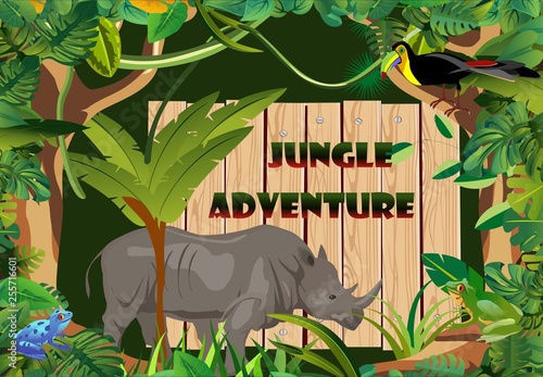 Jungle adventure safari theme, rhino on jungle background photo