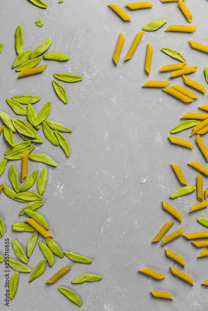 pasta on a gray background from the top view pasta on a gray background from the top view