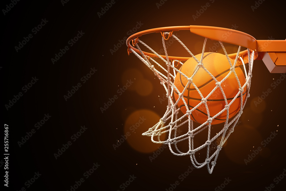 3d rendering of a basketball in the net on a dark background.
