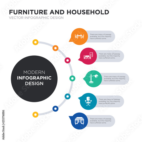 modern business infographic illustration design contains desk, desk chair, desk lamp, dining room, dining table simple vector icons. set of 5 isolated filled icons. editable sign and symbols